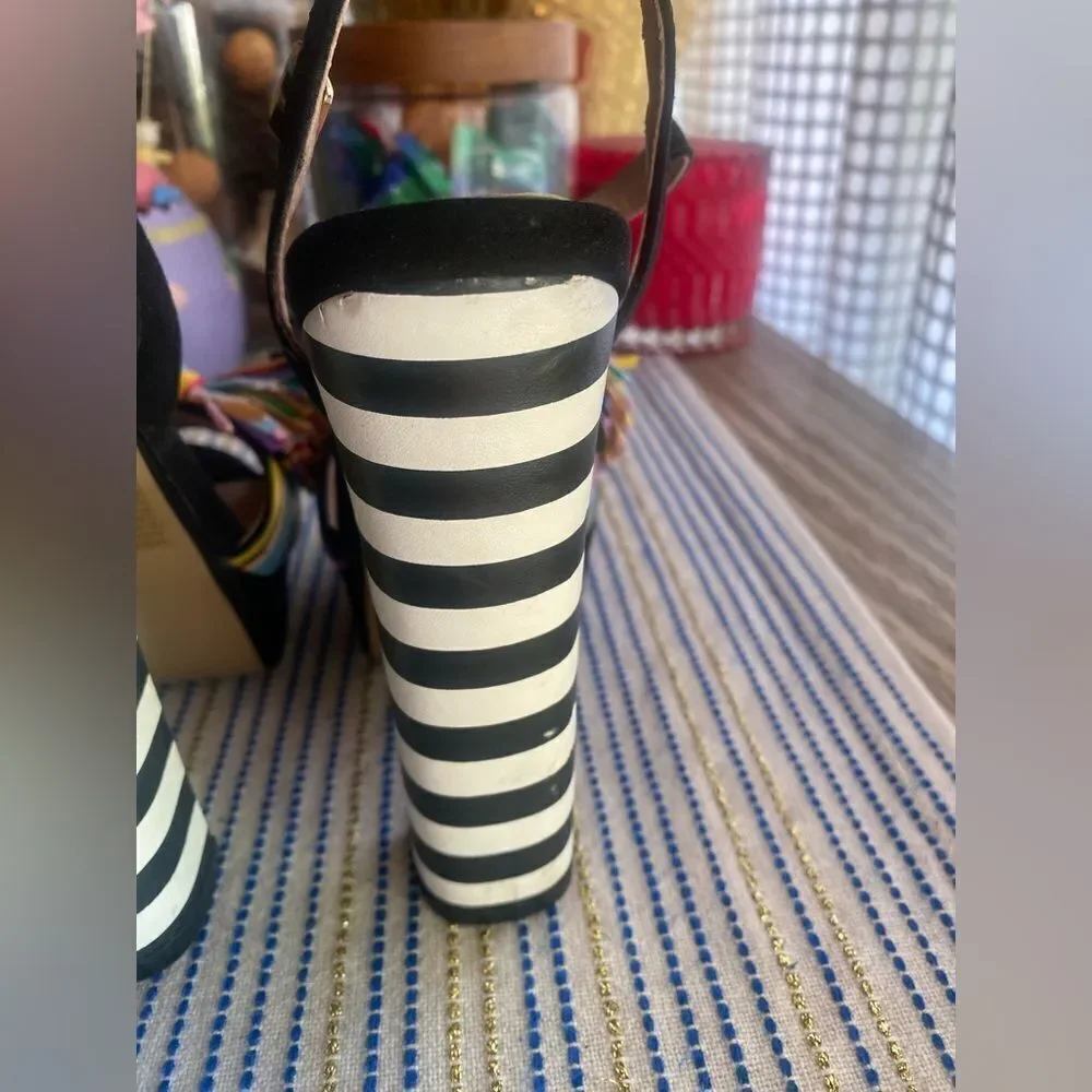 BETSEY JOHNSON 1970s Style Striped Pom Pom Platform Heels size 5.5